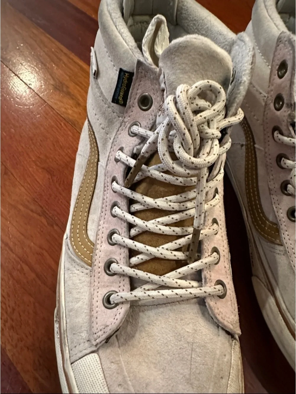 Vans High Top Sneakers in light pink, grey and white with Mustard Stripe MTE